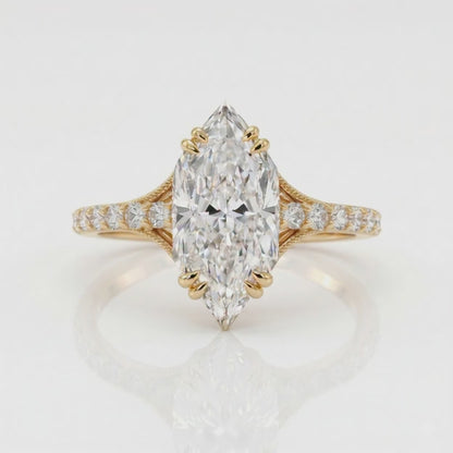 1.400CT Marquise Lab Grown Diamond Engagement Ring, Gold Pavé Band
