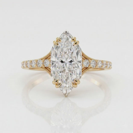 1.400CT Marquise Lab Grown Diamond Engagement Ring, Gold Pavé Band