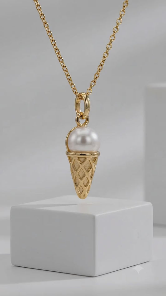 Pearl Ice Cream Cone Pendant Necklace in 14K Gold