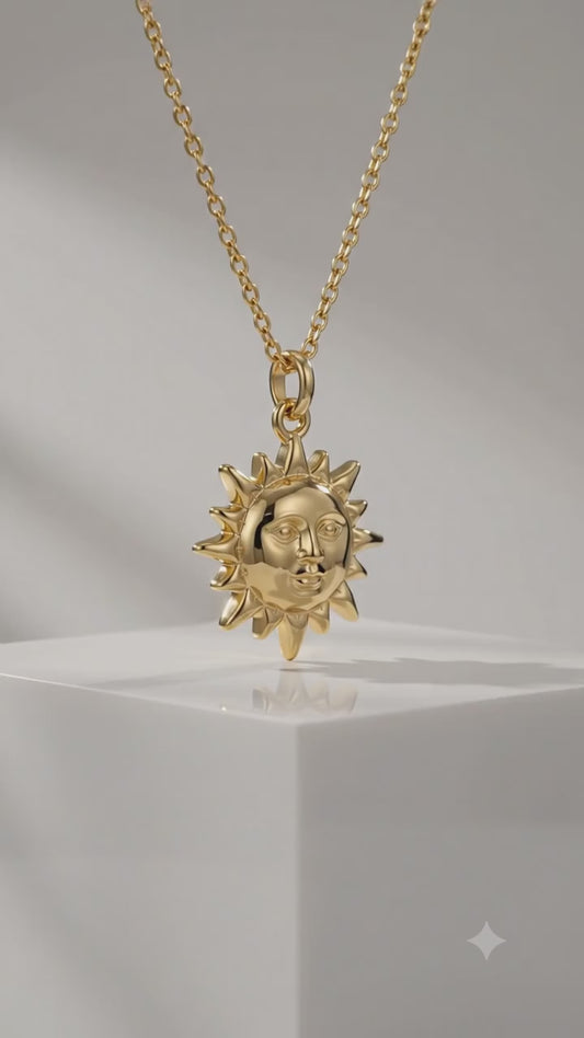 14k Gold Celestial Sun Face Pendant Necklace