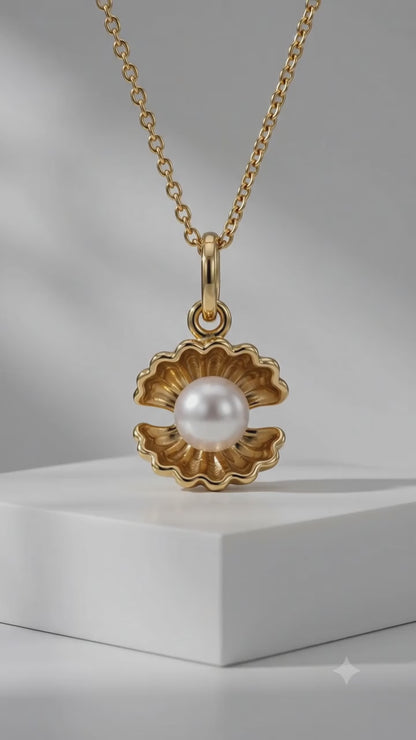 Pearl Oyster Necklace, 14K Gold Pearl Pendant Necklace