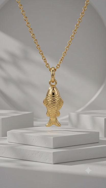 14K Solid Gold Fish Charm Pendant Necklace