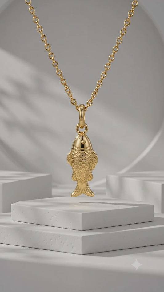 14K Solid Gold Fish Charm Pendant Necklace