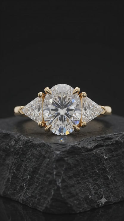 3.00ct Oval Cut Lab Grown Diamond Engagement Ring, 14K Gold Three Stone Ring