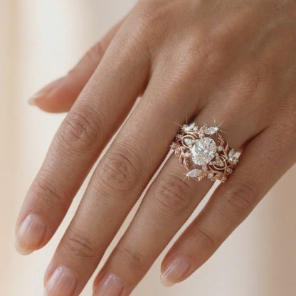 1.520ct Oval Lab Grown Diamond Leaf Bridal Ring Set in Gold