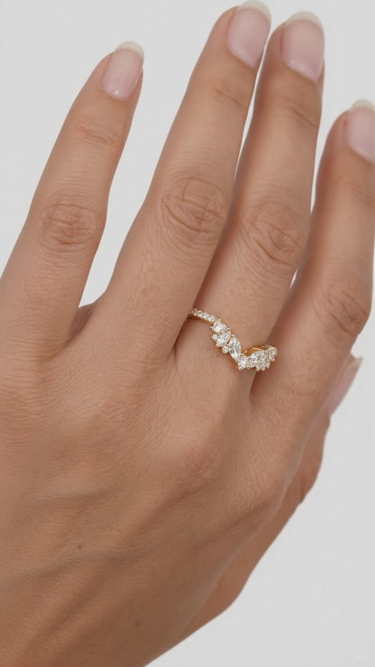 0.600 ct Marquise & Round Cut Lab Grown Diamond V Shape Curved  Band Ring