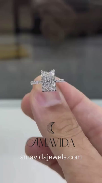 2.30 CT Radiant Cut Lab Grown Hidden Halo Diamond Engagement Ring