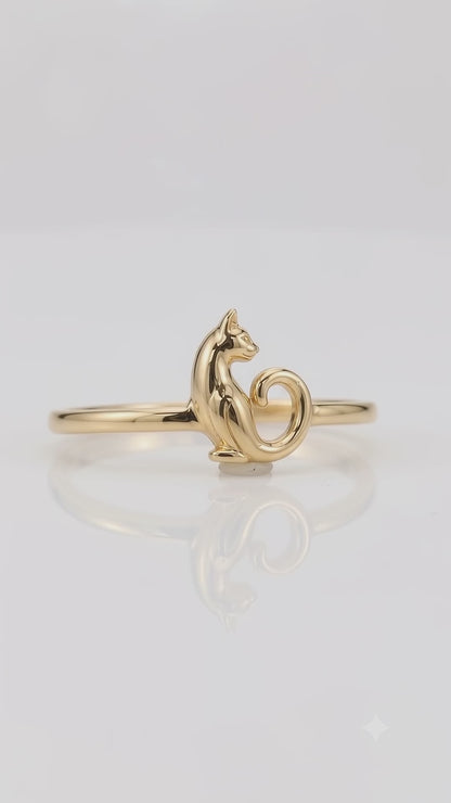 14K Gold Cat Ring, Cat Lover Gift, Cute Animal Ring