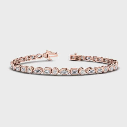 3.00 ct Mixed Cut  Lab Grown Diamond Tennis Bracelet, Bezel Set, 14K Solid Gold