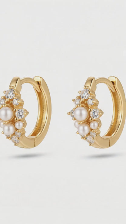 0.16 Ct Lab Grown Diamond Pearl Huggie Hoop Earrings | 14K Gold | Dainty Pearl Earrings