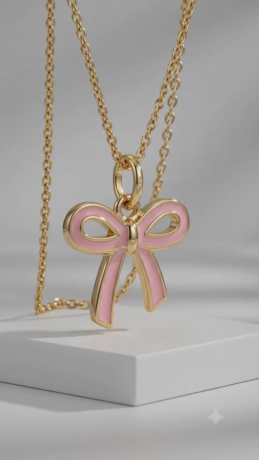 Pink Bow Necklace, 14K Gold Bow Pendant Necklace