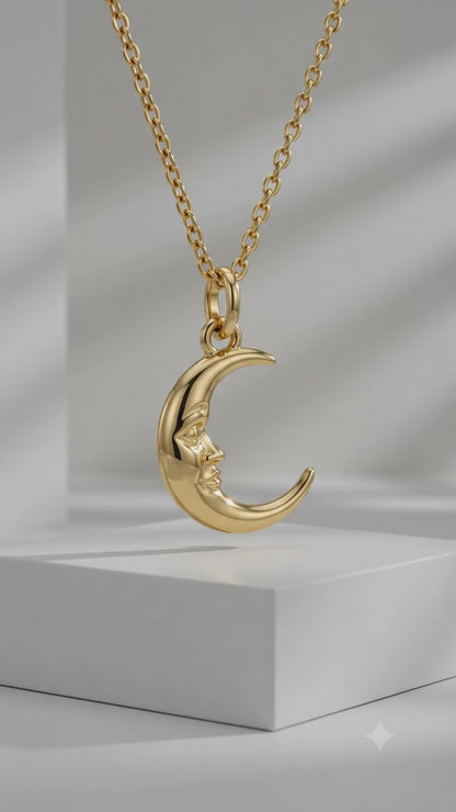 Crescent Moon Face Pendant Necklace, 14K Solid Gold