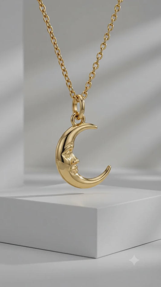 Crescent Moon Face Pendant Necklace in 14K Gold
