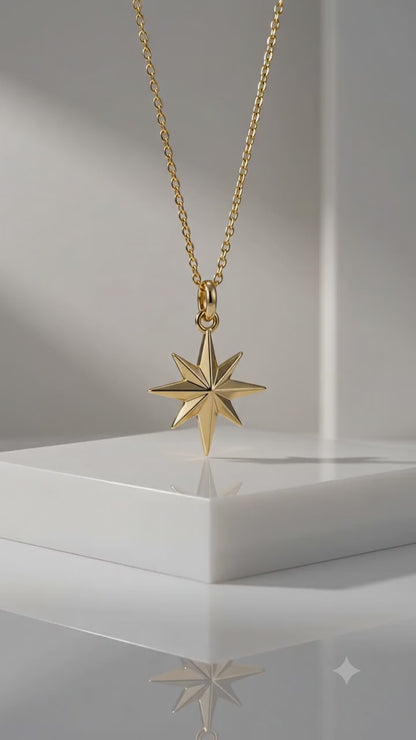 14K Solid Gold North Star Charm Pendant Necklace
