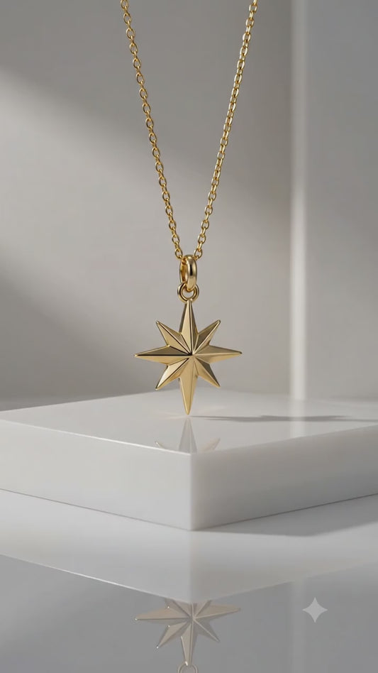 14K Solid Gold North Star Charm Pendant Necklace