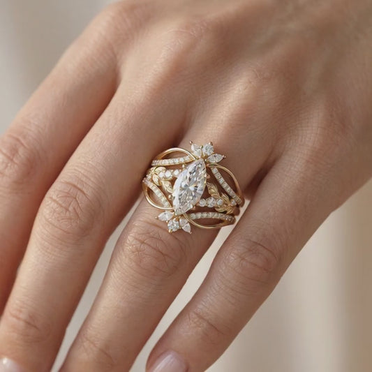 1.510CT Marquise Lab Diamond Leaf Bridal Ring Set