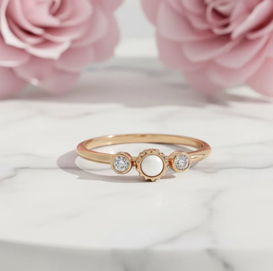 Pearl & Diamond Dainty Ring | 14K Solid Gold Stacking Jewelry