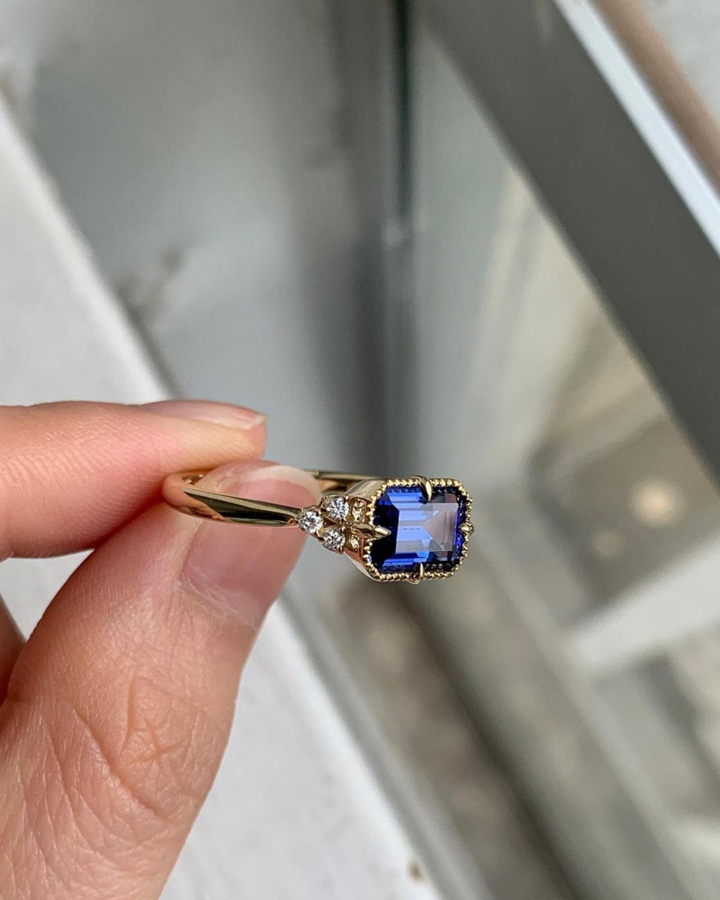 London Blue Topaz Emerald cut Engagement Ring
