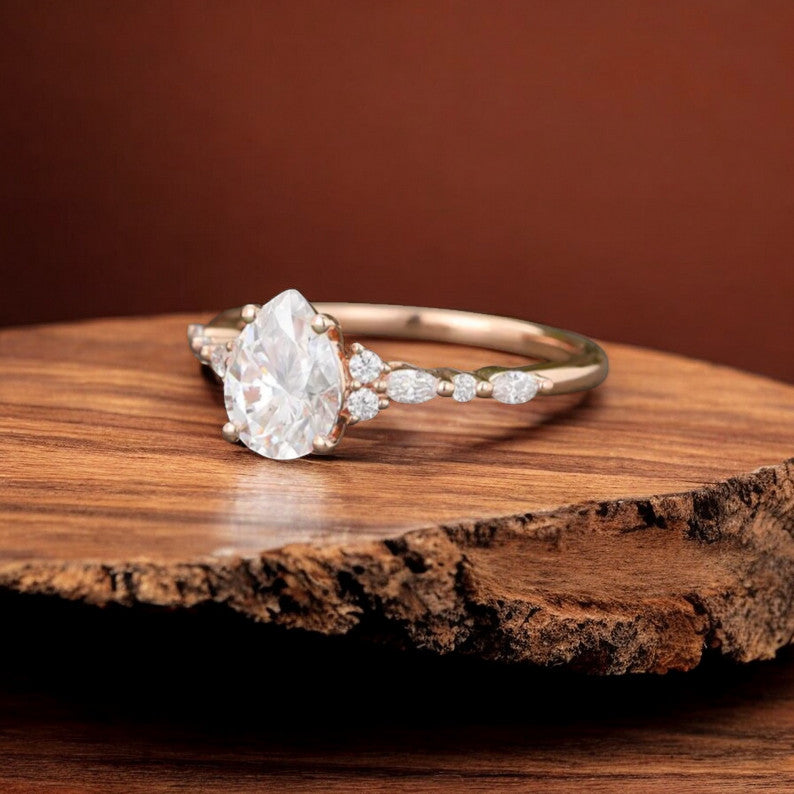 Pear Shaped Lab Grown Diamond Engagement Ring • Rose Gold Marquise Diamond Ring
