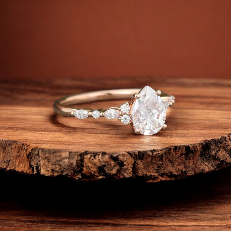 Pear Shaped Lab Grown Diamond Engagement Ring • Rose Gold Marquise Diamond Ring