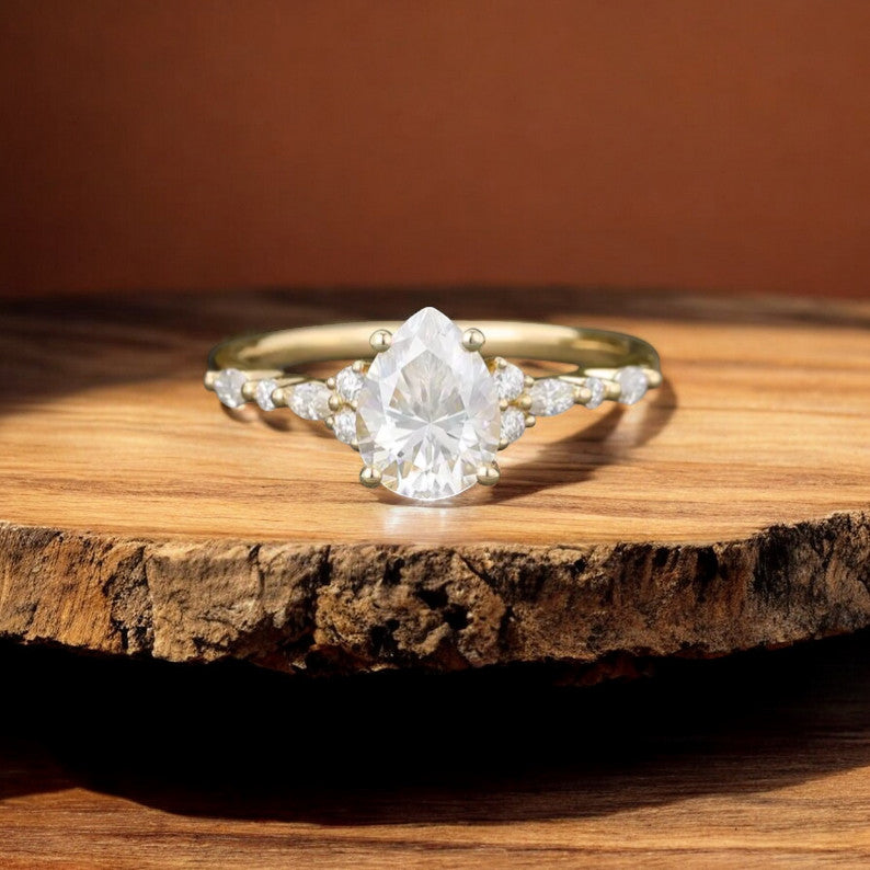 Pear Shaped Lab Grown Diamond Engagement Ring • Rose Gold Marquise Diamond Ring