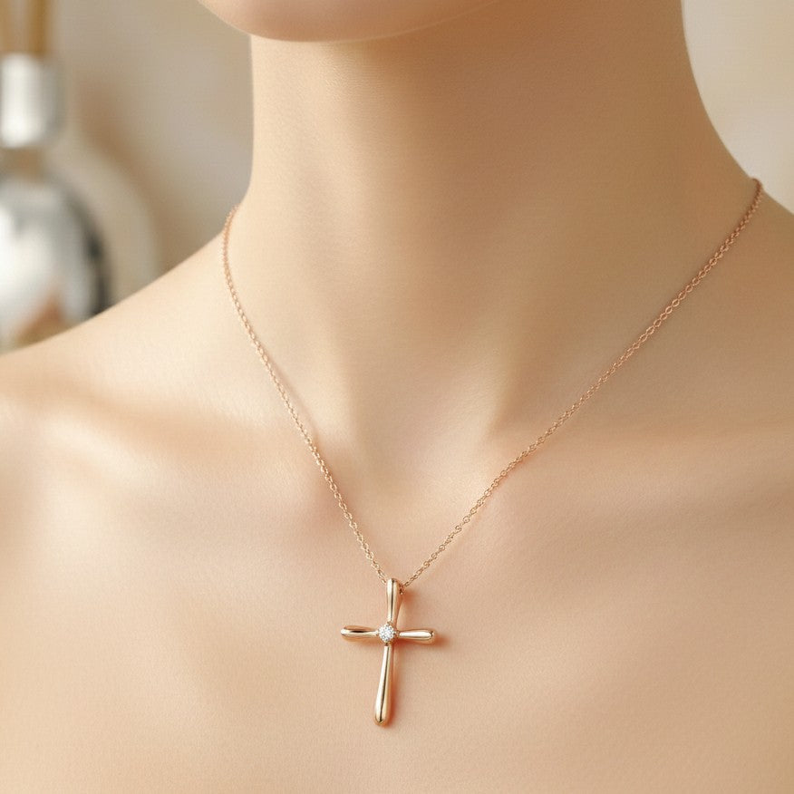 0.050 Ct Moissanite Cross Necklace – 14K Gold Christian Pendant