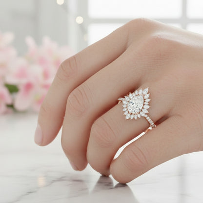 1.80 Ct Pear Cut Floral Halo Lab-Grown Ring Set