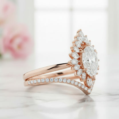 1.50 Ct Pear Cut Floral Halo Lab Grown Diamond Engagement Ring Set