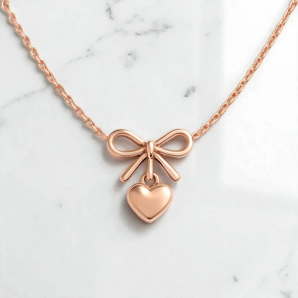 14K Rose Gold Heart Bow Necklace | Elegant Minimalist Jewelry