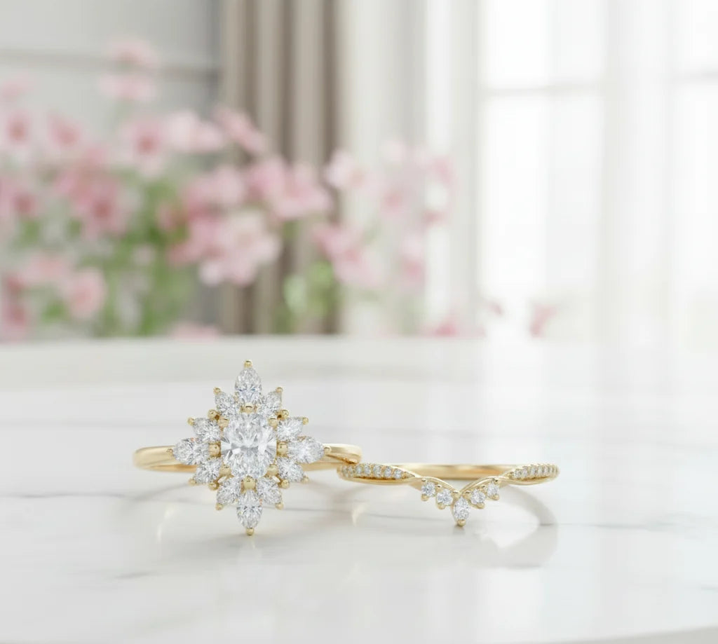 1.10ct Oval Lab-Grown Diamond Bridal Set – 14K Gold Engagement & Band