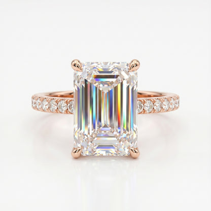 2 CT Emerald Cut Lab Grown Diamond Engagement Ring, Hidden Halo Diamond Ring