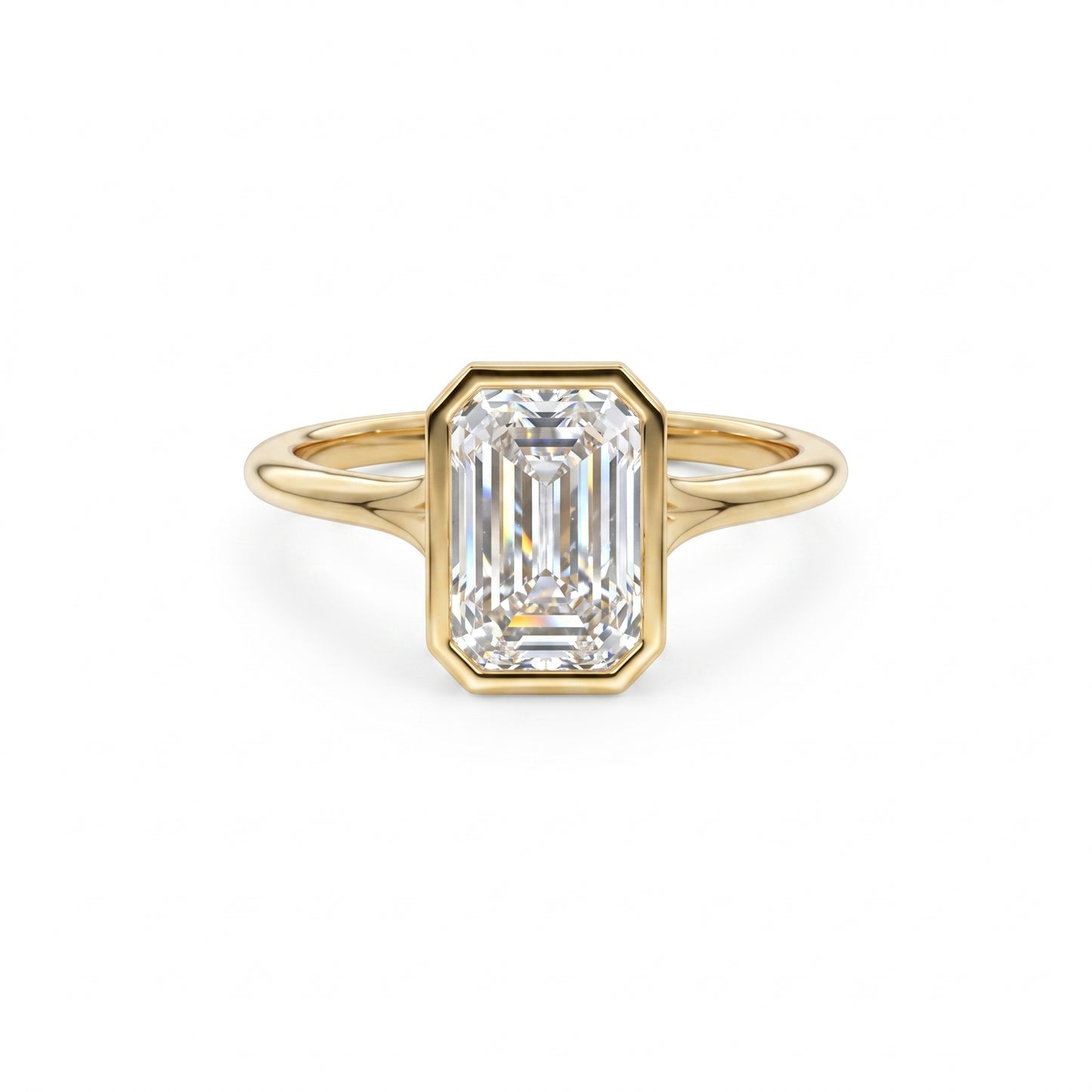 2.00 CT Emerald Cut Lab Grown Diamond Solitaire Bezel Setting Engagement Ring 14k Yellow Gold