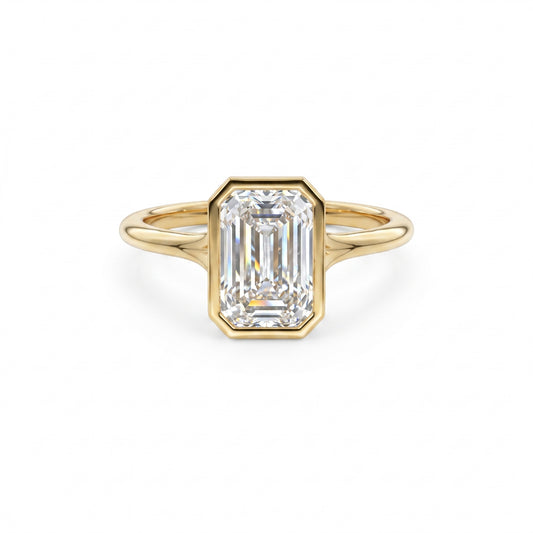2.00 CT Emerald Cut Lab Grown Diamond Solitaire Bezel Setting Engagement Ring 14k Yellow Gold