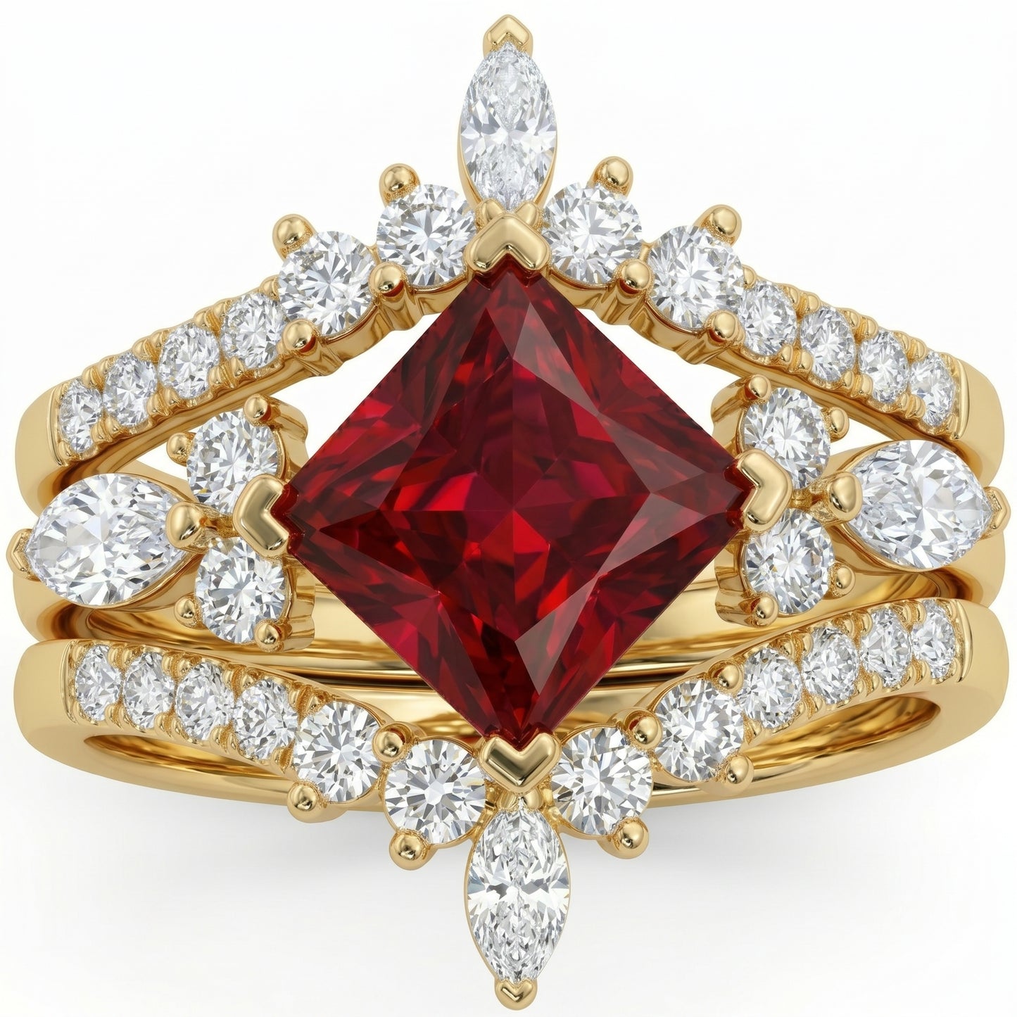 Princess Cut Ruby Engagement Ring Set - Elegant Bridal Duet