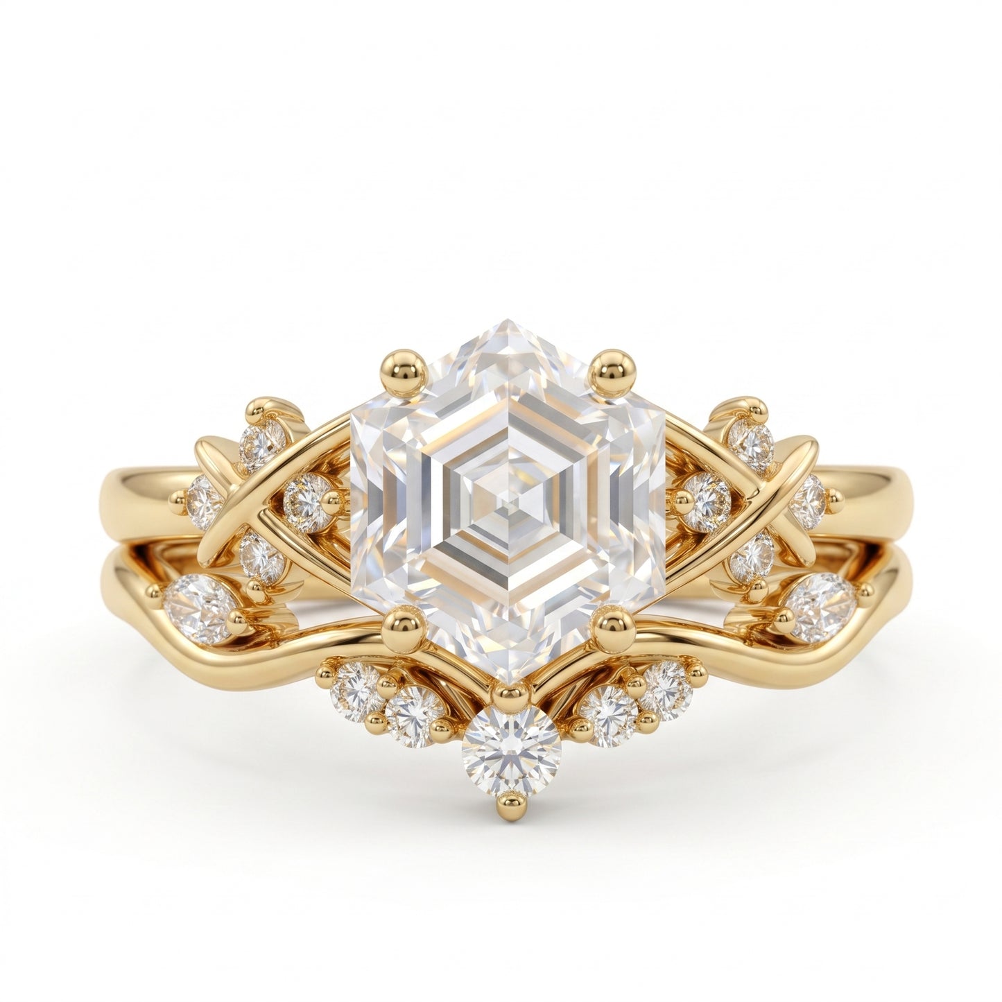 1.17 Ct Hexagon Lab Grown Diamond Art Deco Ring Set