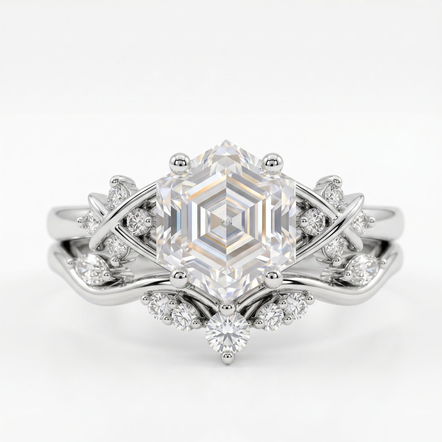 1.17 Ct Hexagon Lab Grown Diamond Art Deco Ring Set