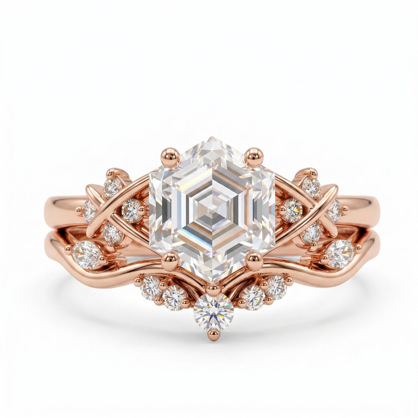 1.17 Ct Hexagon Lab Grown Diamond Art Deco Ring Set