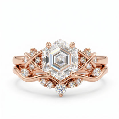 1.17 Ct Hexagon Lab Grown Diamond Art Deco Ring Set