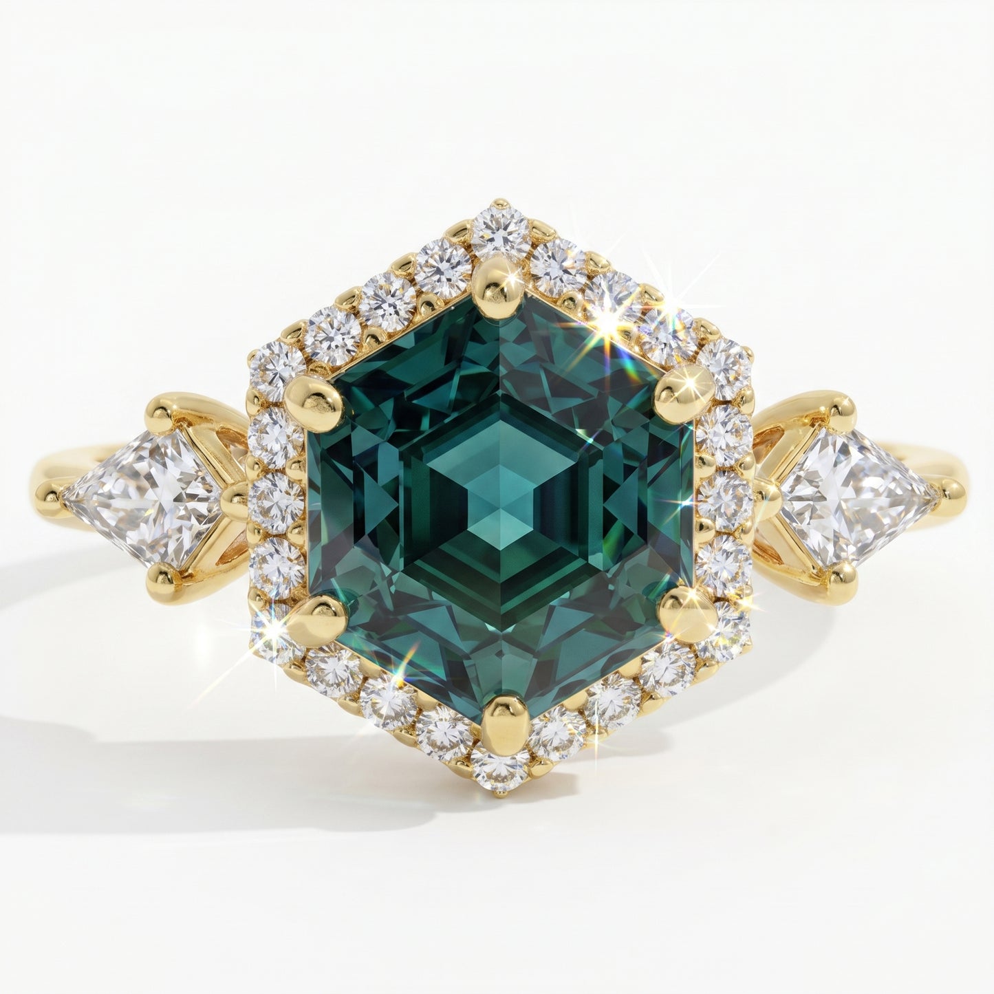 1.32 Ct Hexagon Lab Diamond Ring  - Green  Halo Engagement