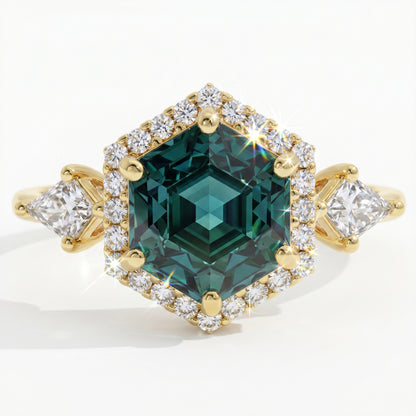1.32 Ct Hexagon Lab Diamond Ring  - Green  Halo Engagement