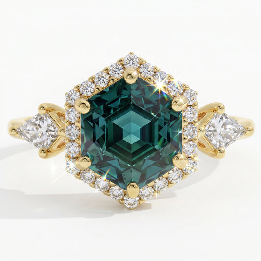 1.32 Ct Hexagon Lab Diamond Ring  - Green  Halo Engagement