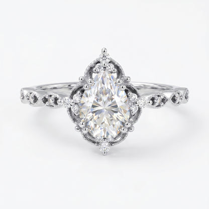 1.25 ct Pear Shaped Lab Grown Diamond Engagement Ring • Vintage Halo Ring