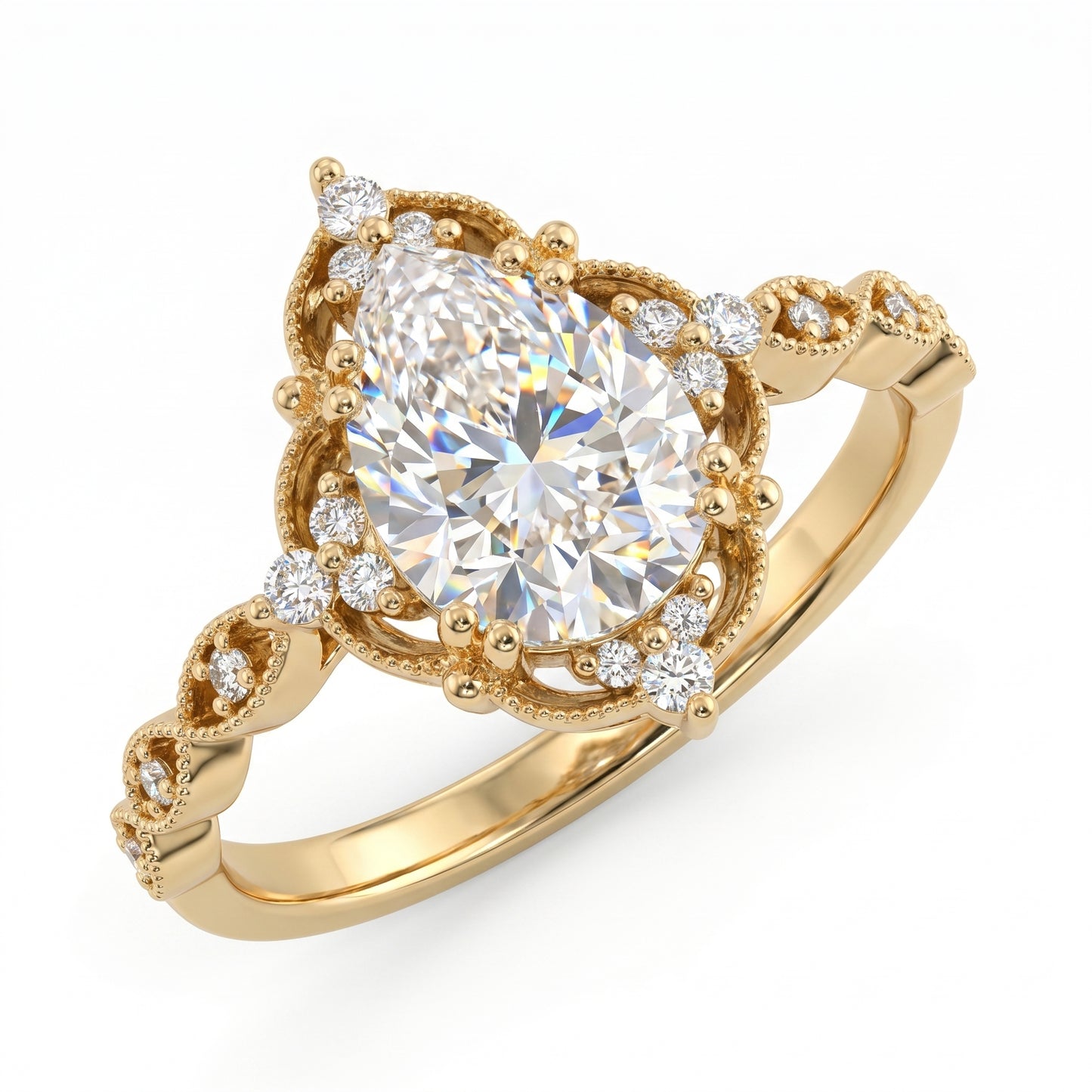 1.25 ct Pear Shaped Lab Grown Diamond Engagement Ring • Vintage Halo Ring