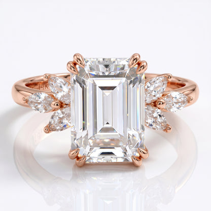 3.0ct Emerald Cut Lab Grown Diamond Engagement Ring • Vintage Cluster Bridal Ring