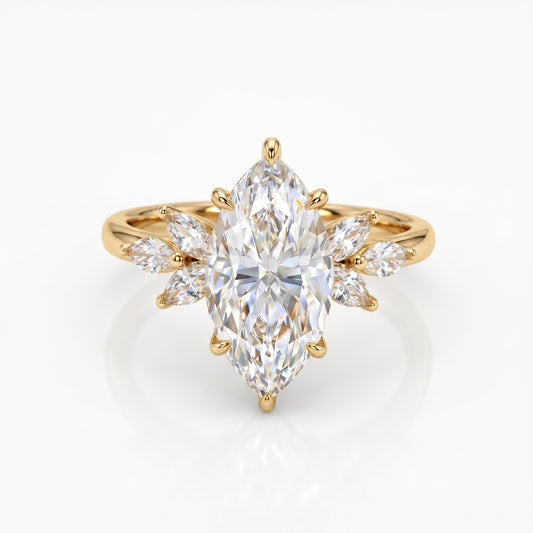 3.0 Marquise Cut Lab Grown Diamond  Engagement Ring • Unique Vintage Cluster Bridal Ring