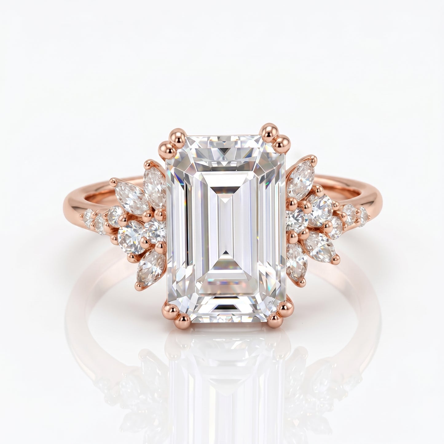 3.5ct Emerald Cut Lab Grown Diamond Engagement Ring • Vintage Yellow Gold Cluster Bridal Ring