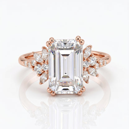 3.5ct Emerald Cut Lab Grown Diamond Engagement Ring • Vintage Yellow Gold Cluster Bridal Ring
