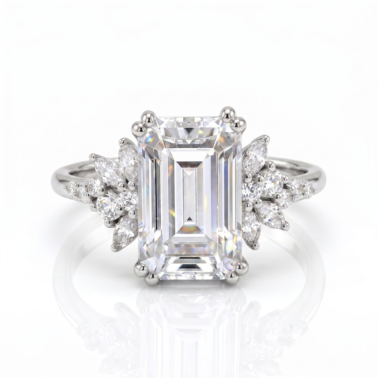 3.5ct Emerald Cut Lab Grown Diamond Engagement Ring • Vintage Yellow Gold Cluster Bridal Ring