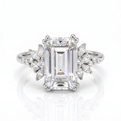 3.5ct Emerald Cut Lab Grown Diamond Engagement Ring • Vintage Yellow Gold Cluster Bridal Ring