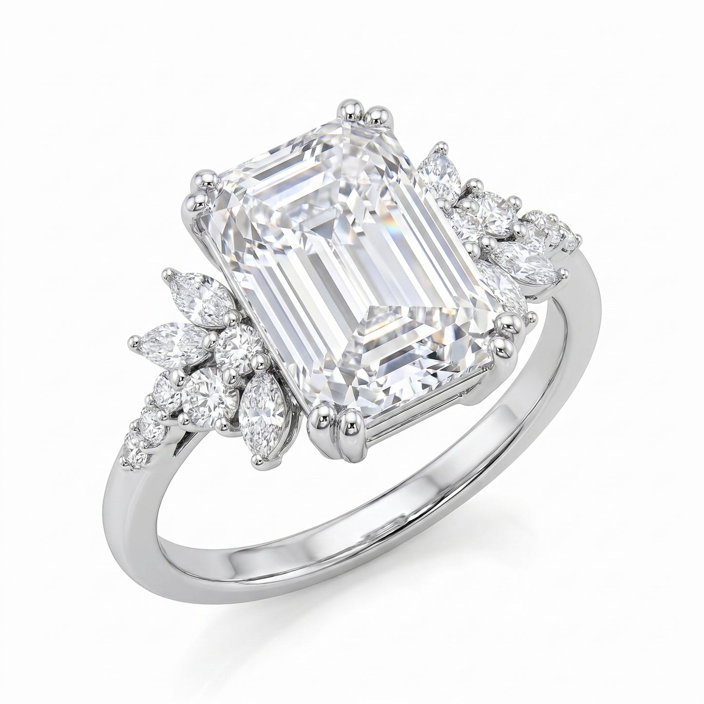 3.5ct Emerald Cut Lab Grown Diamond Engagement Ring • Vintage Yellow Gold Cluster Bridal Ring